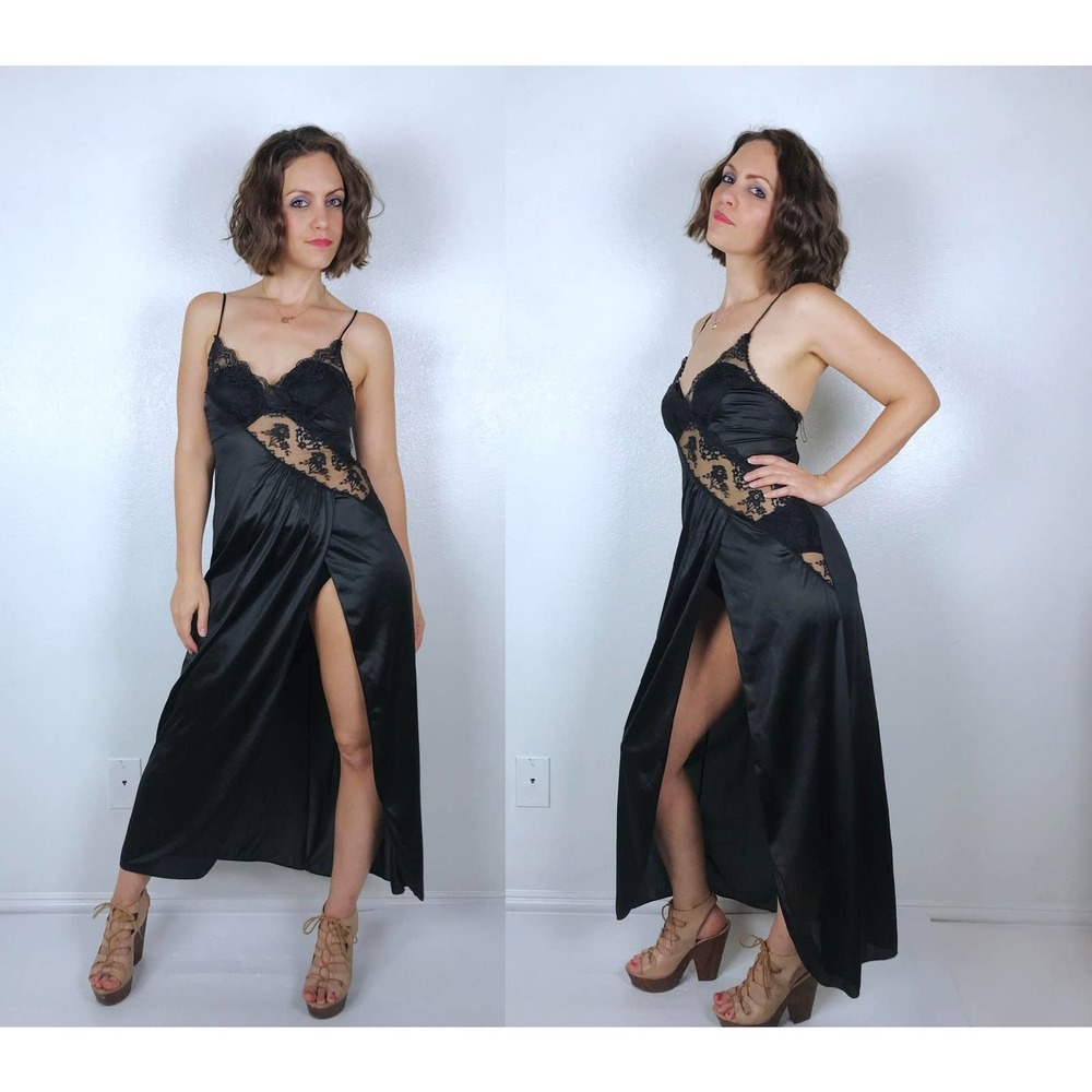 vintage 80s Black SHEER LACE High Slit SLIP Sm/Med vintage lingerie gown dress